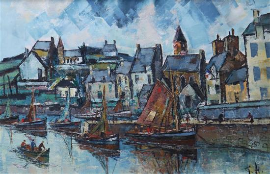 Manner of George Hann Fishing boats in harbour 49 x 74.5cm